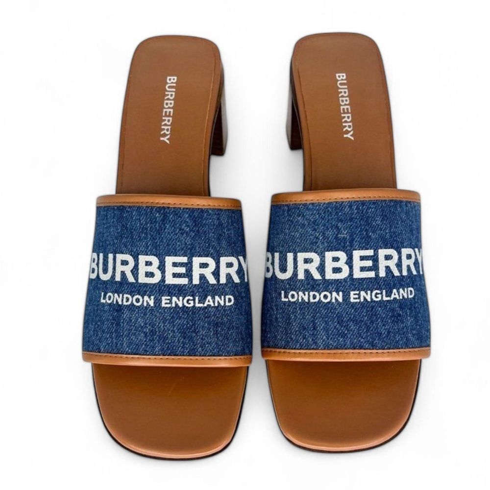 NWT BURBERRY Wilma Logo Blue & Brown Broad Strap Square Open Toe Mules S… - Picture 5 of 12
